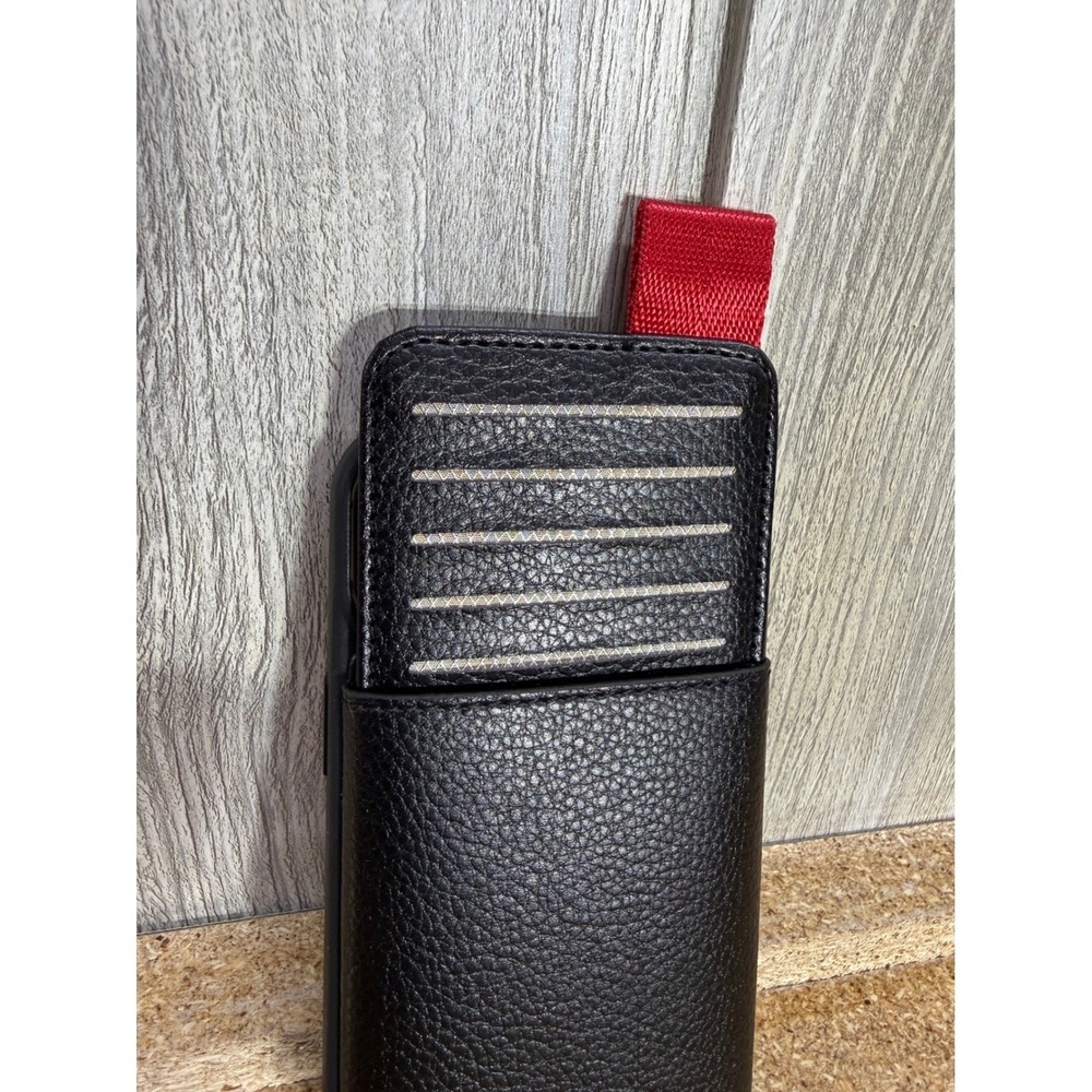 LAMEEKU iPhone 13 Pro Max Wallet Case Black Pebbled Leather Card Holder Red Tab - Picture 5 of 6